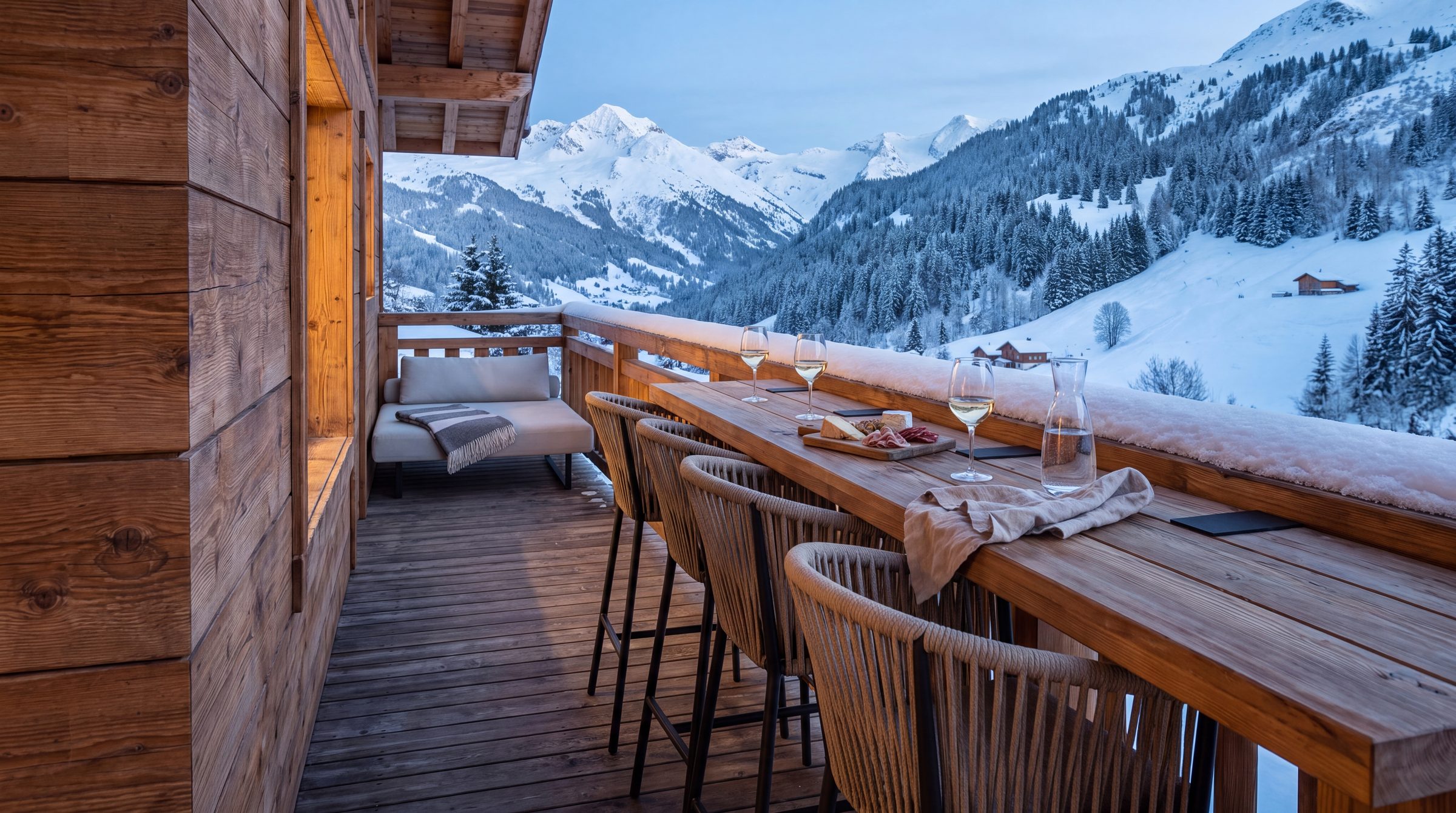 Balcon en mélèze avec table haute face au paysage alpin