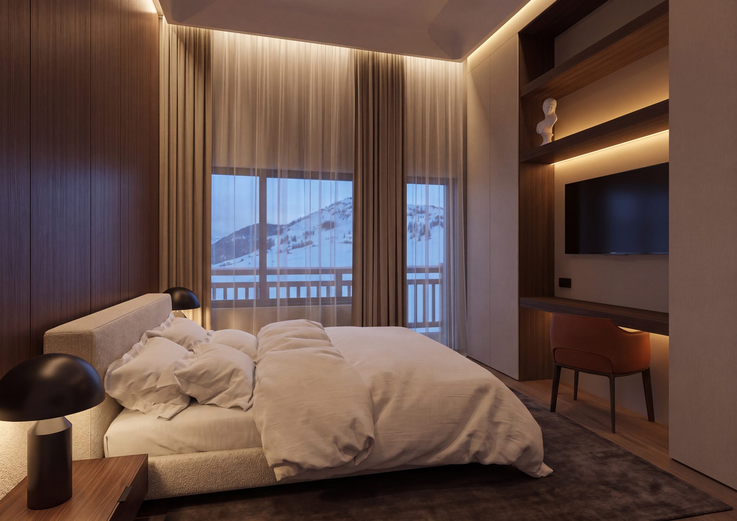 Chambre enveloppée de boiseries, voilages et vue sur la montagne