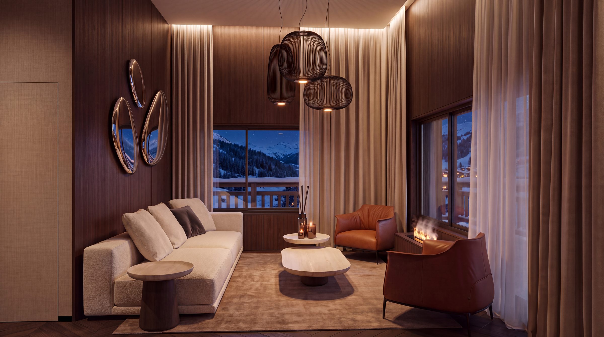 Salon de l'appartement M27 à Méribel, canapé blanc et fauteuils en cuir cognac face aux montagnes