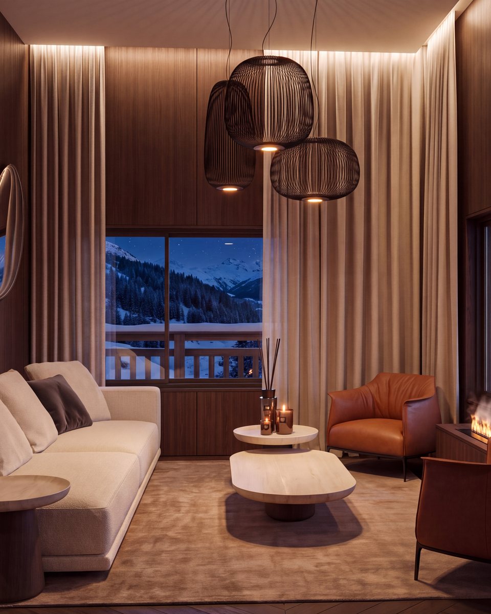 Salon de l'appartement M27 à Méribel, canapé blanc et fauteuils en cuir cognac face aux montagnes