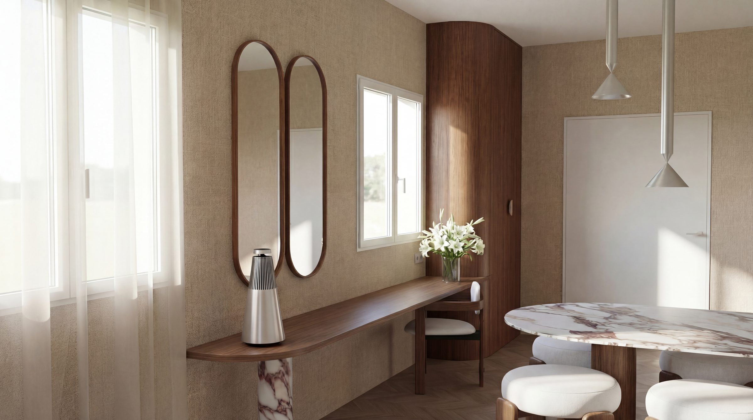 Coin bureau sur mesure en noyer, miroirs ovales