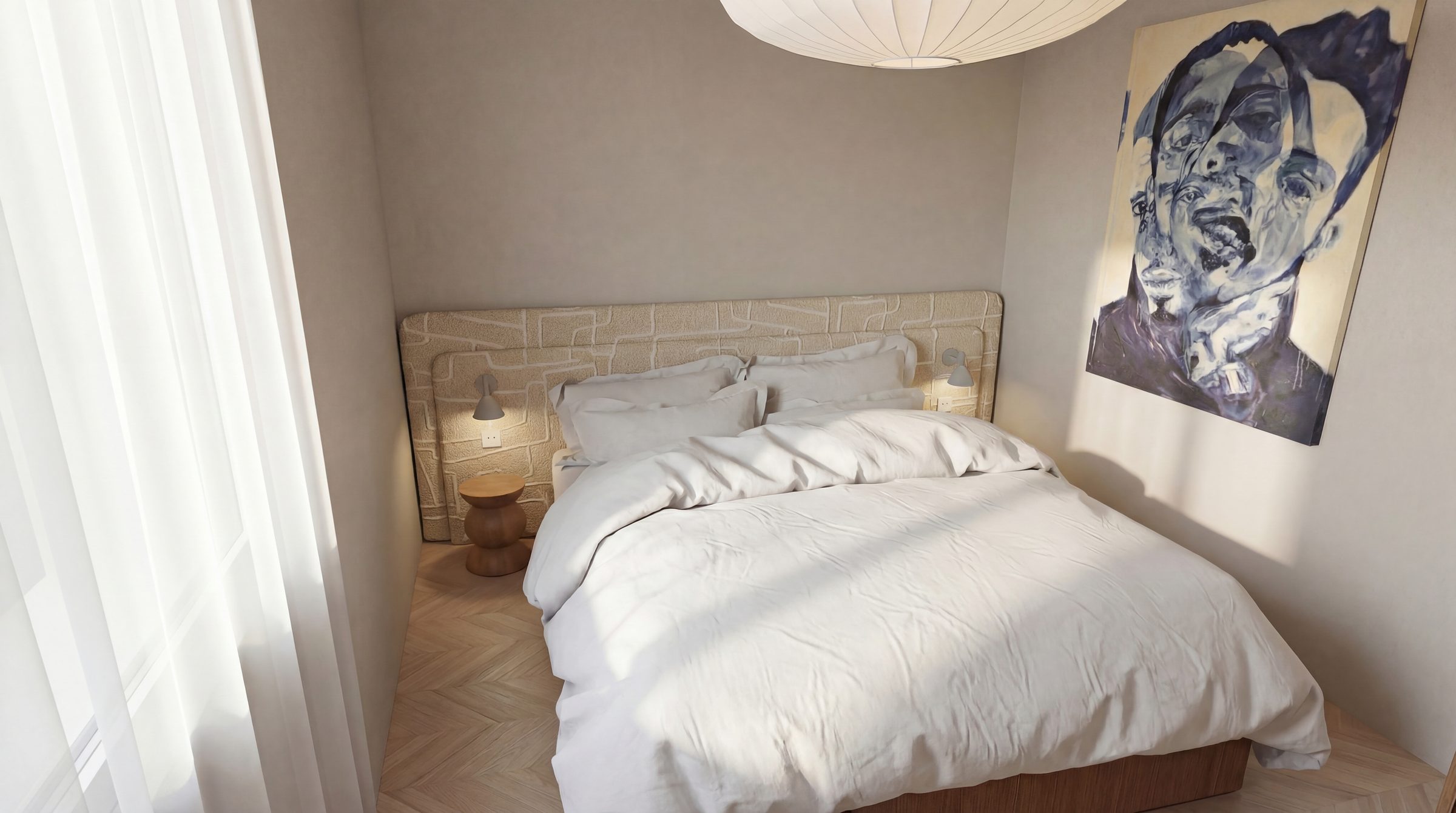 Chambre aux tons doux avec tête de lit et suspension