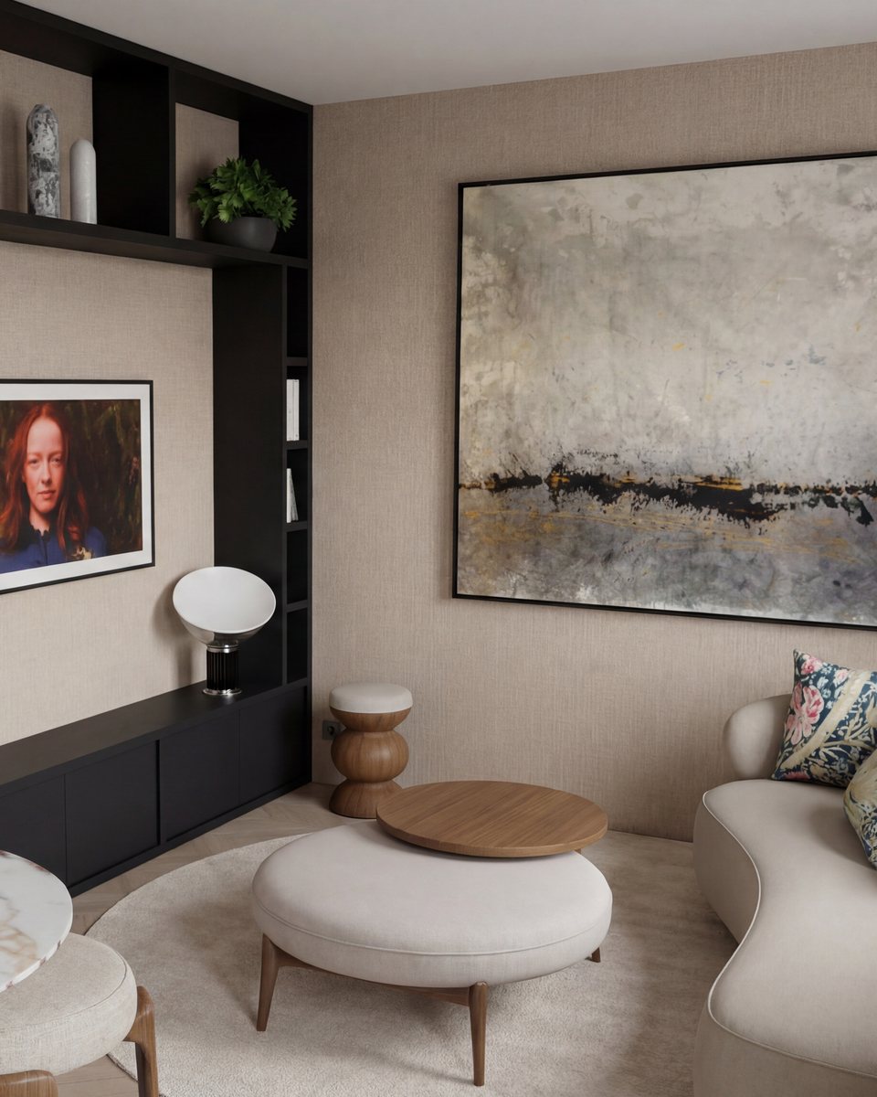 Séjour lumineux de l'appartement R19 à Paris, canapé courbe et grand tableau